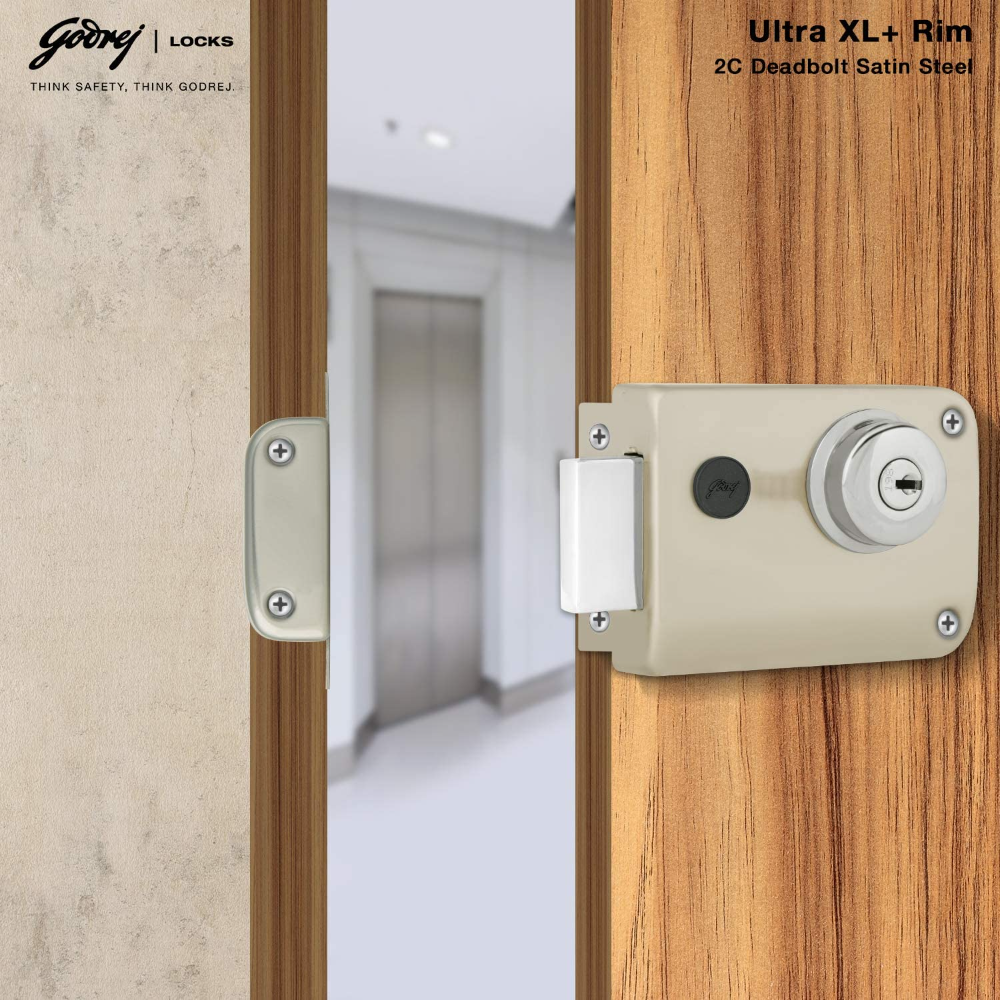 Godrej Rim Lock l 1CK Deadbolt l For Outside Opening Main  and Safety Door I For Balcony doors LeftorRight-Handed Doors l 60 mm Backset I 4 Keys l 5-Year Warranty l Satin Sliver Finish